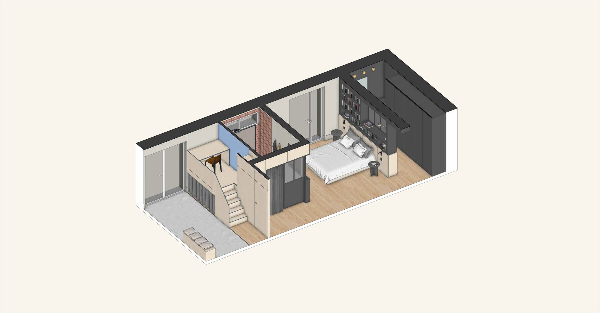 Axonométrie du studio aménagé avec mezzanine